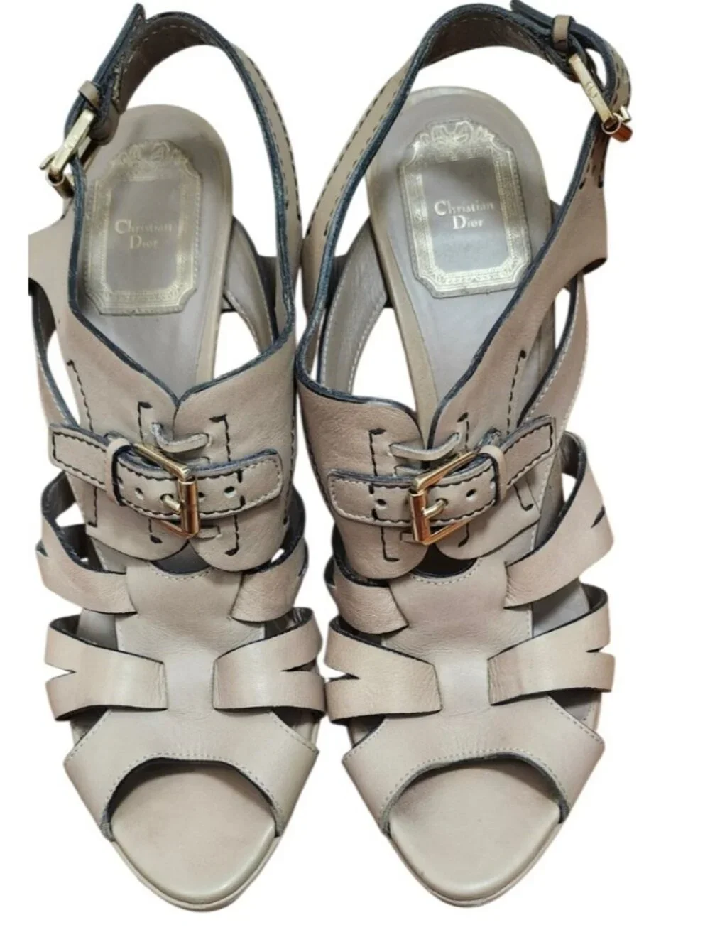 Christian Dior Beige Leather Strappy Platform Sandals Heels Slingback Italy 39.5